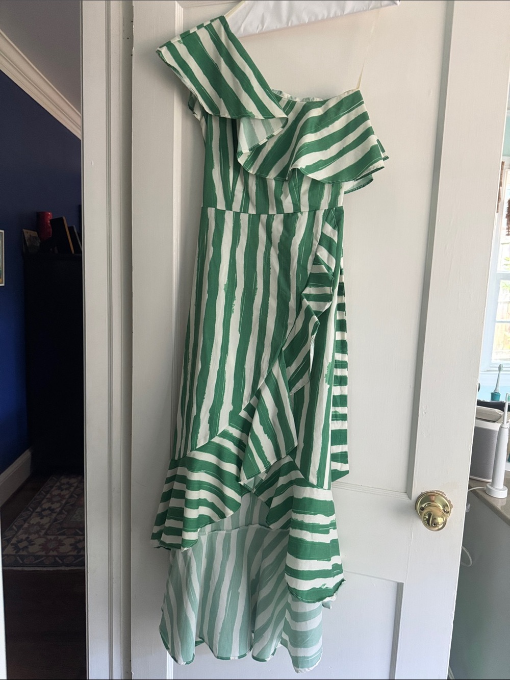 Flying Tomato Green & White One-Shoulder Ruffle Midi Dress